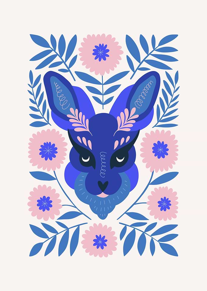 Blue Rabbit Floral Art