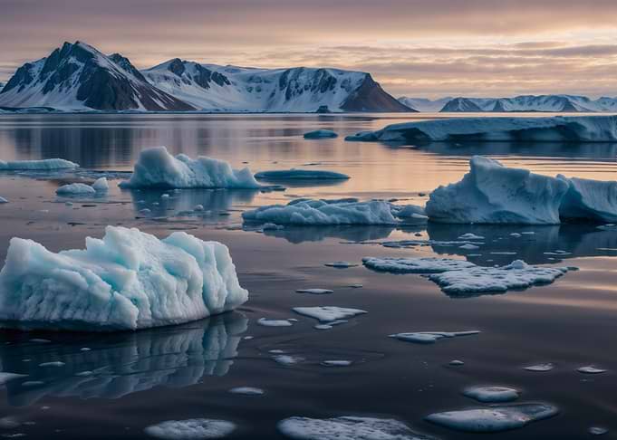 Serene Arctic Icebergs on a Still Glacier Lake – Icy Nordic Sunset Landscape