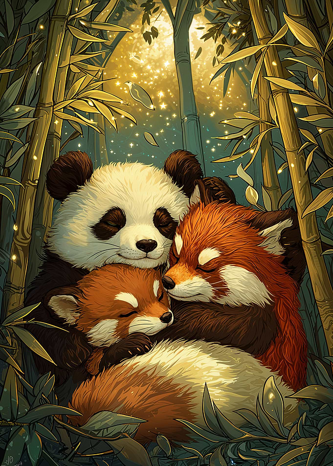 Panda and Red Pandas Napping