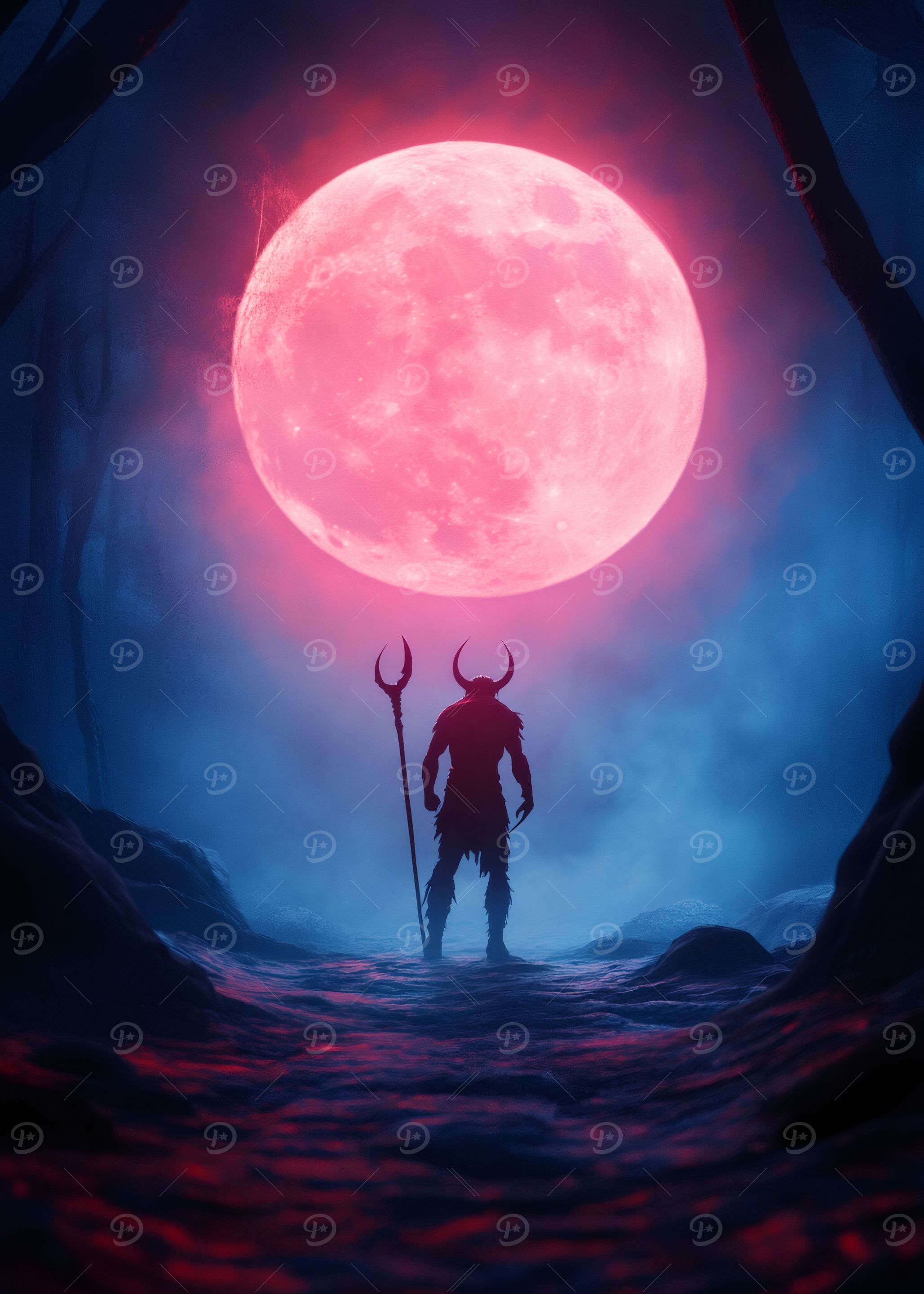 Silhouetted Warrior Under Blood Moon