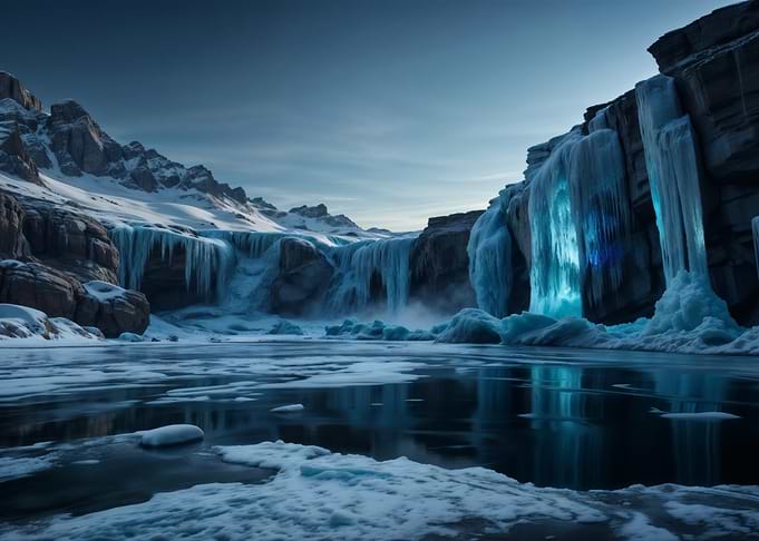 Spectacular Frozen Waterfall Amidst Icy Cliffs – Arctic Winter Wonderland