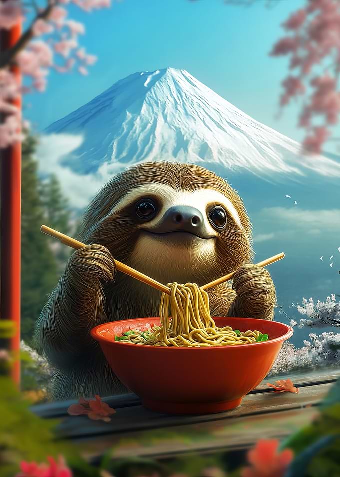 Sloth Eating Ramen in Japan Mt. Fuji
