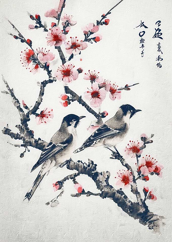 Birds on Cherry Blossom Branch