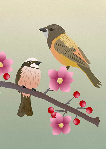 Birds on Branch with Blossoms