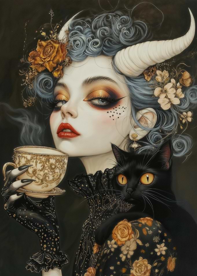 Witchcore Tea Time with Black Cat Familiar
