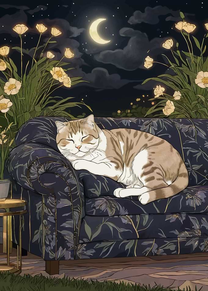 Sleeping Cat Under Moonlight