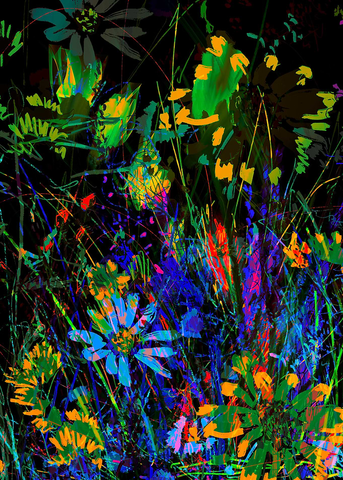 Field of Flowers at Night Neon Floral Abstract Line Art