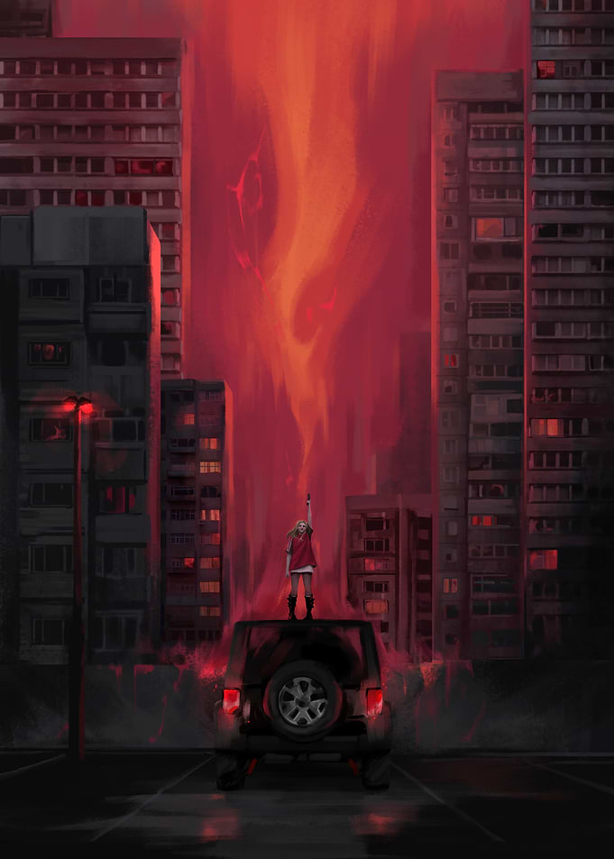 Red Cityskyline with a girl shooting a Gun