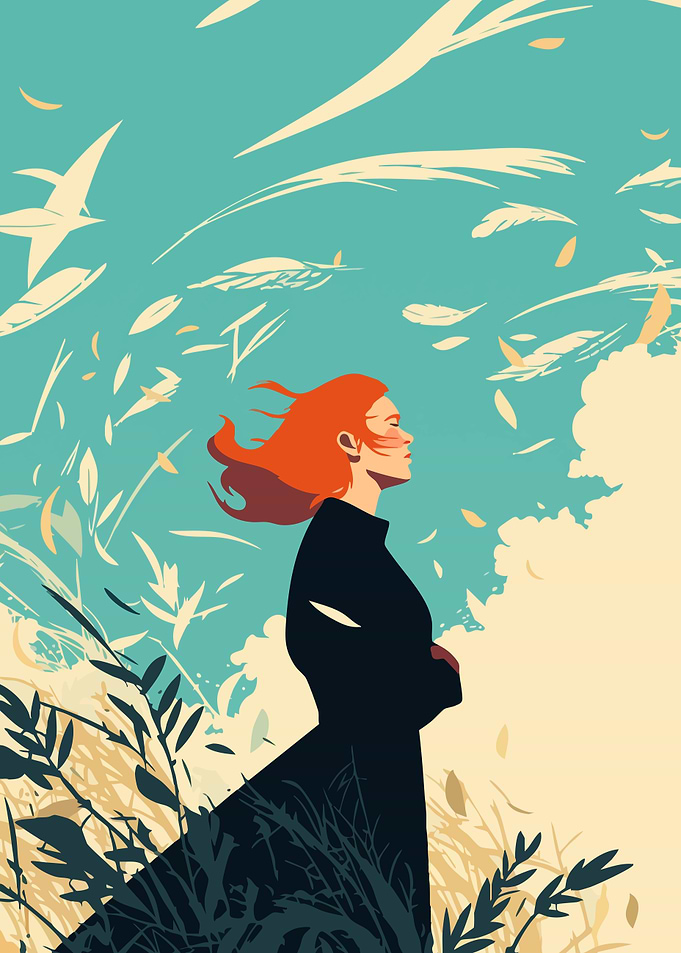Woman in Field with Feathers Minimalist Art Illustration