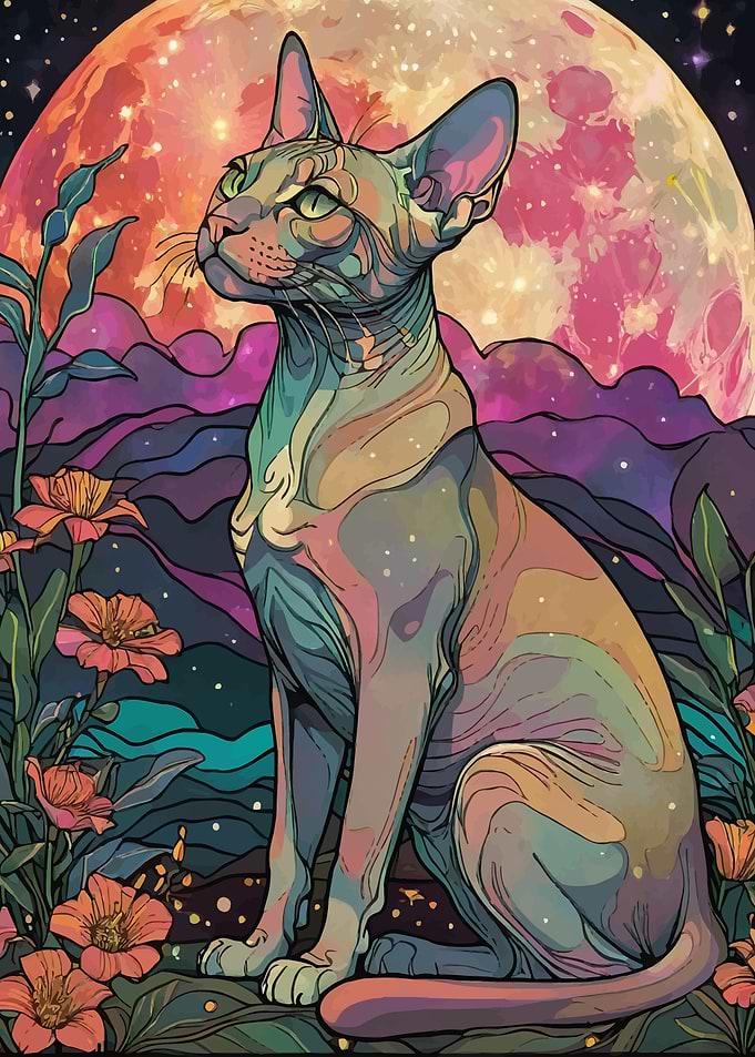 Sphynx Cat Under the Moon
