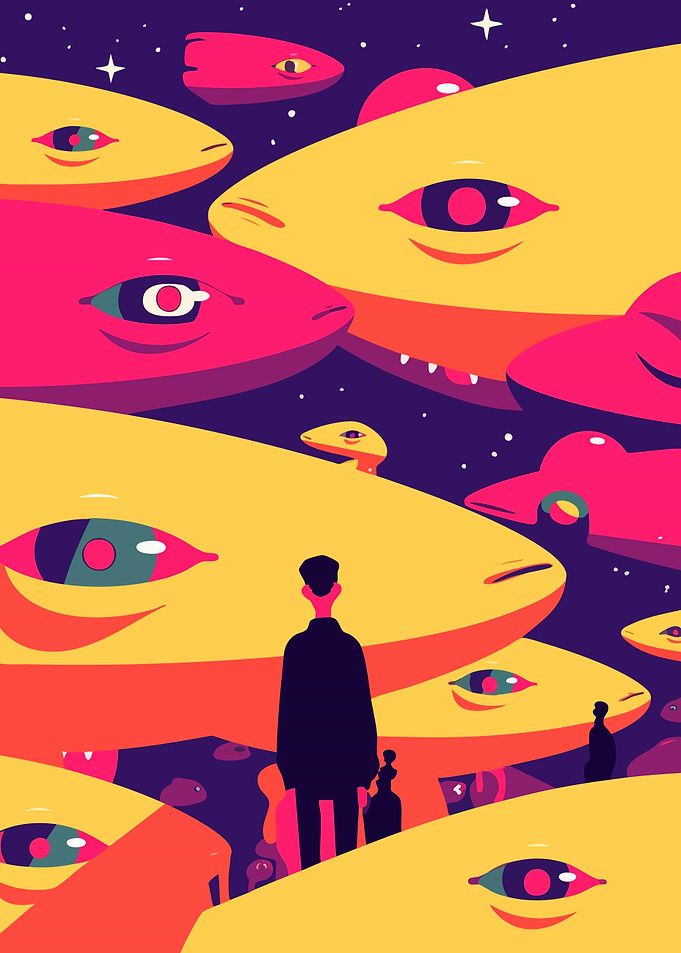 Man Among Cosmic Fish Eyes Minimalist Art Illustration