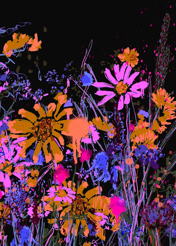 Evening Garden Sketchy Pink Neon Floral Artwork