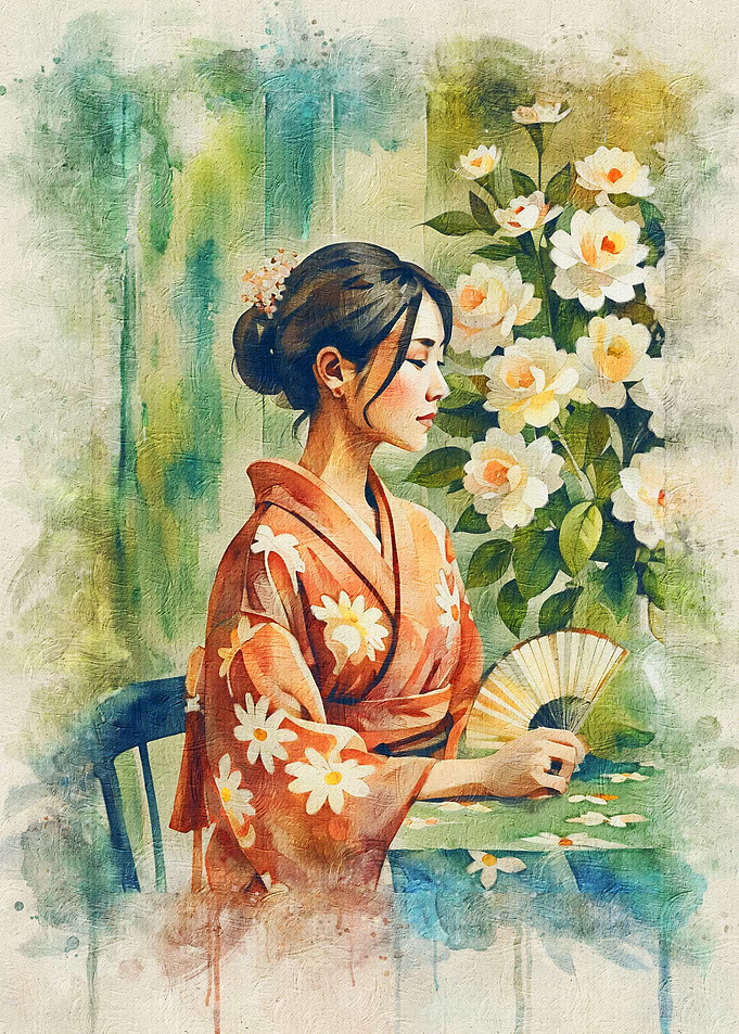 Woman in Kimono with Fan