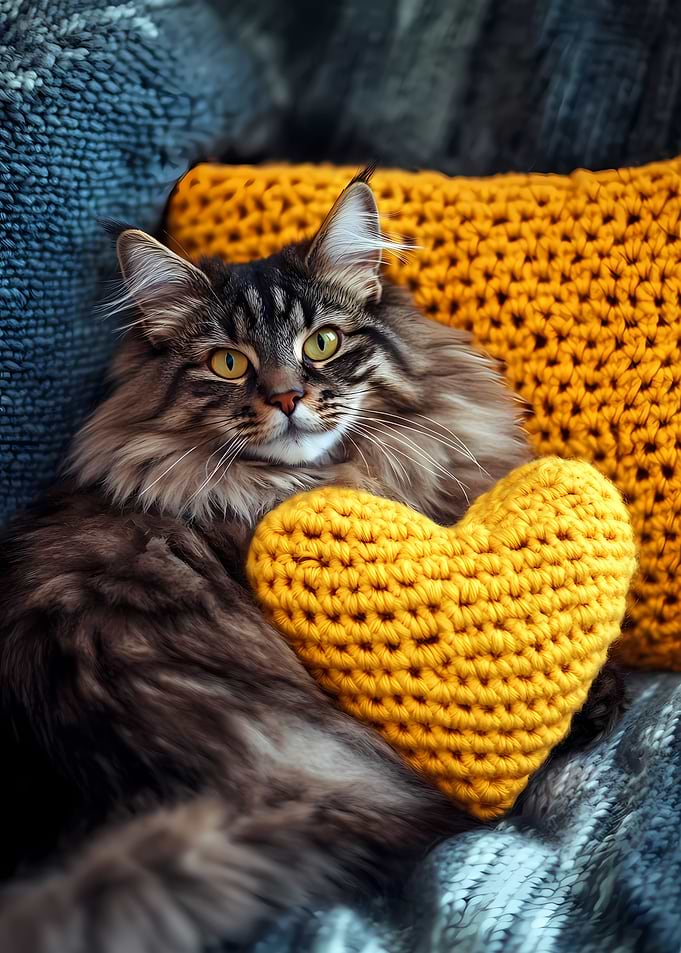 Brown Tabby Cat with Heart Pillow