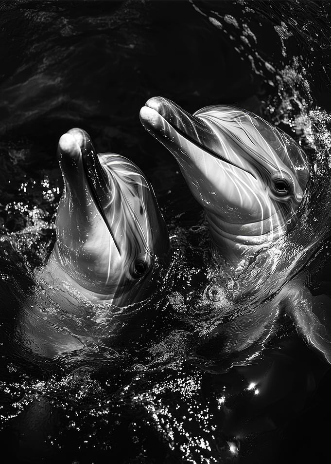 Two Dolphins in Water Black and White Photo