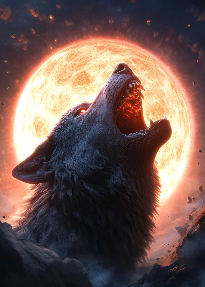 Wolf Howling at Blood Moon