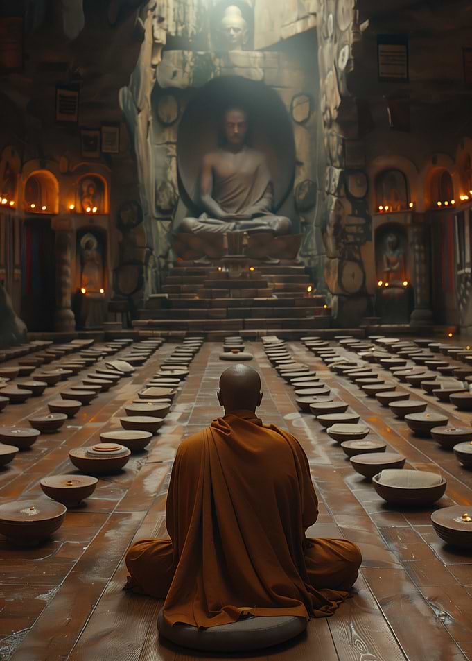 Monk Meditating in Temple