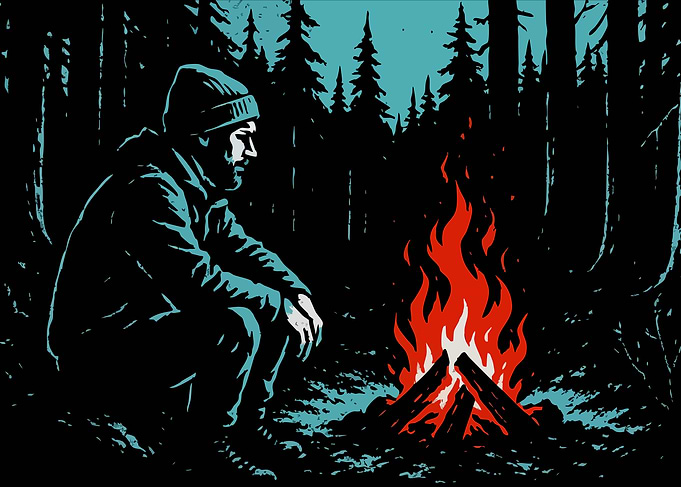 Man by Campfire Minimalist Art Ilustration