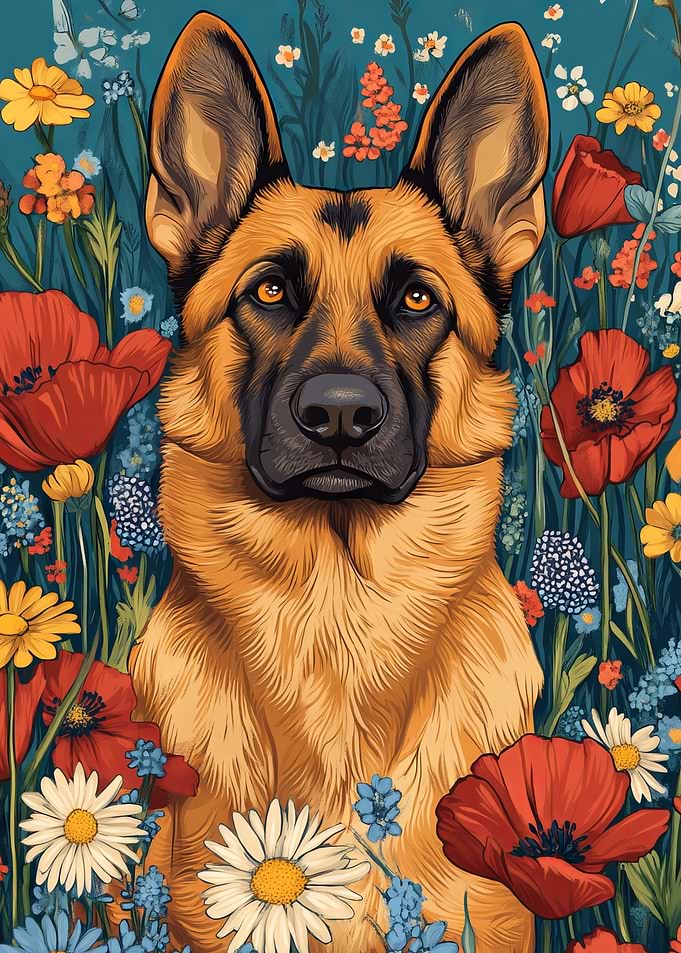 German Shepherd in Flowers | German Shepherd with Bold Blooms | Dog Wall Art Print