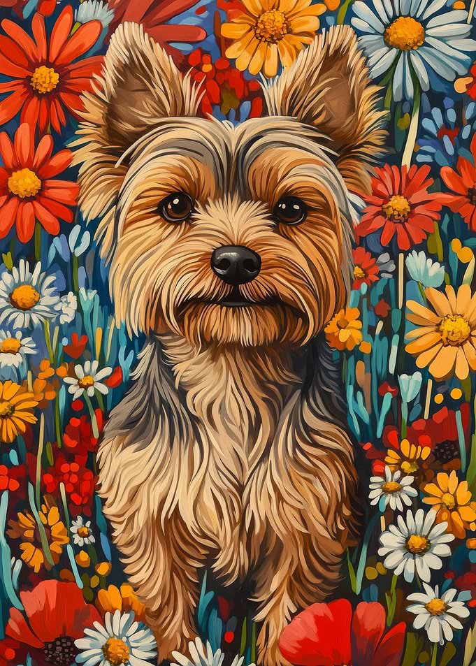 Yorkshire Terrier in Flowers | Dog Wall Art Print