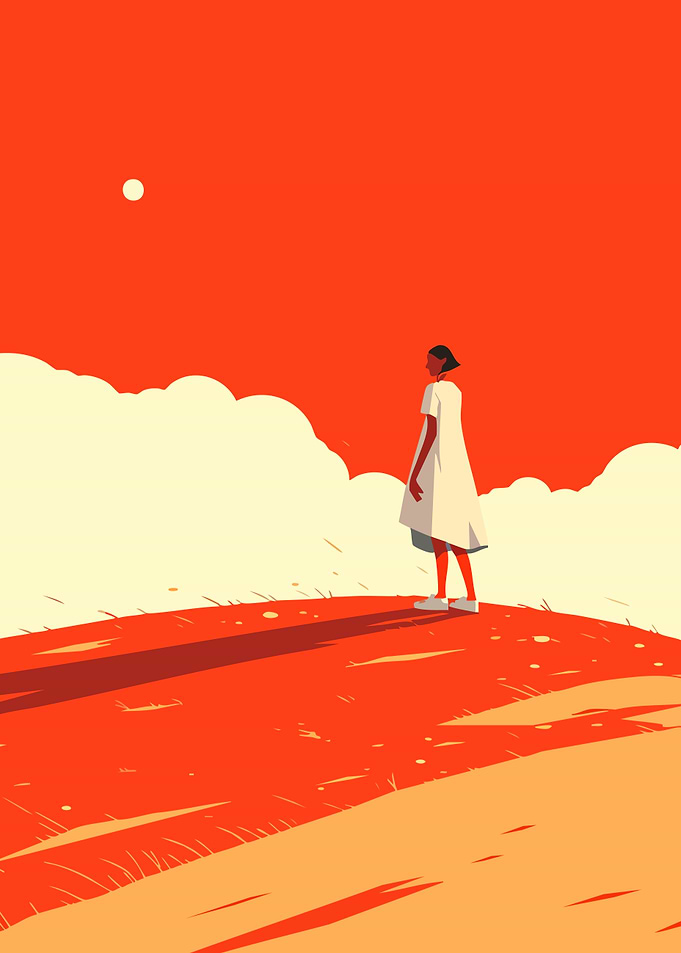 Woman on Red Hilltop Sunset Minimalist Art Illustration