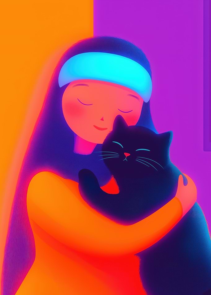 Girl Hugging Black Cat