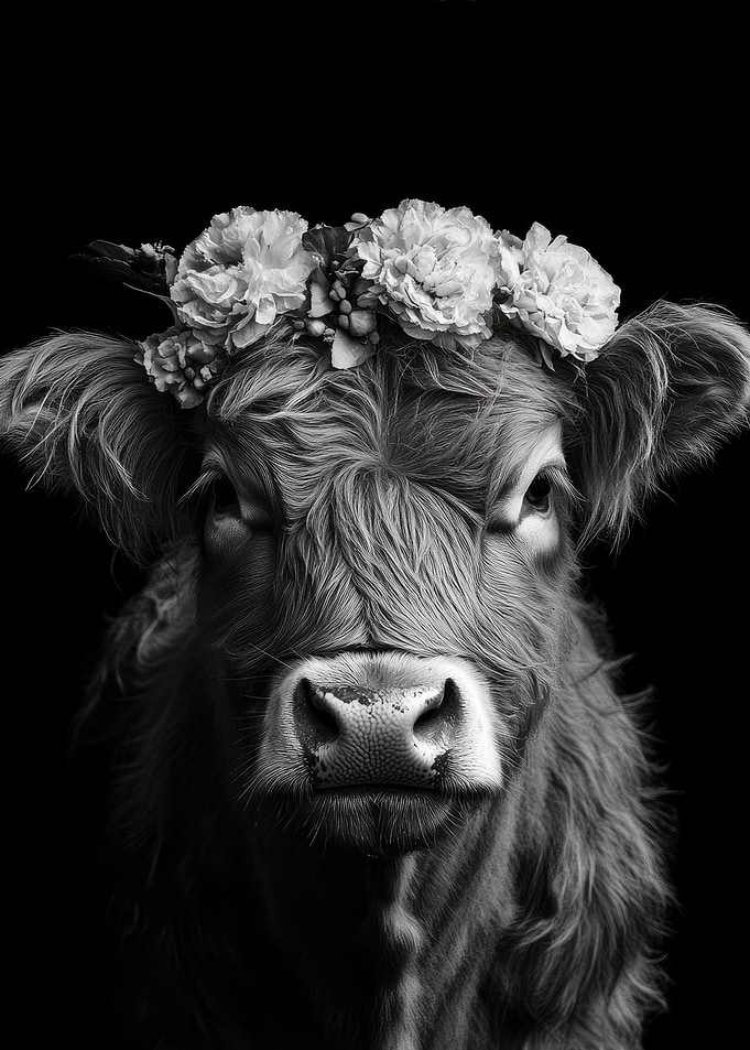Highland Cow with Flower Crown Black and White Photo Portrait