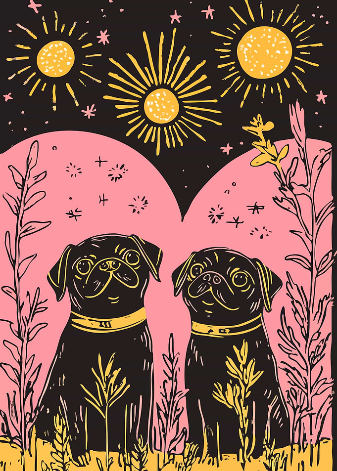 Two Cute Pugs Under Night Sky Minimalist Illustration Art