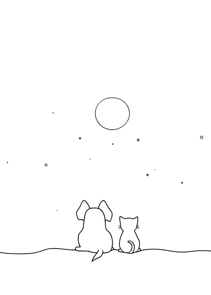 Dog and Cat Under the Moon Minimalist Line Art