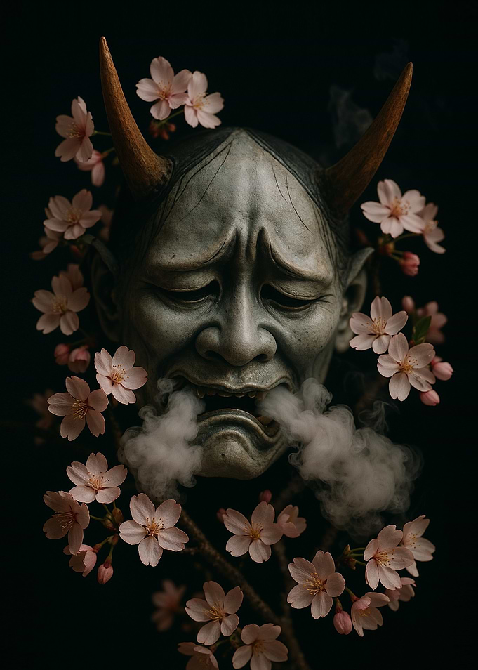 Japanese Demon Mask with Cherry Blossoms