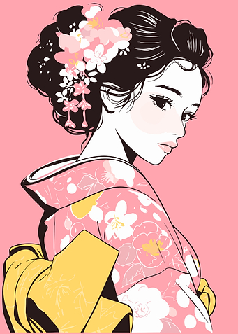 Kimono Woman in Pastel Pink Vintage Minimalist Illustration Art