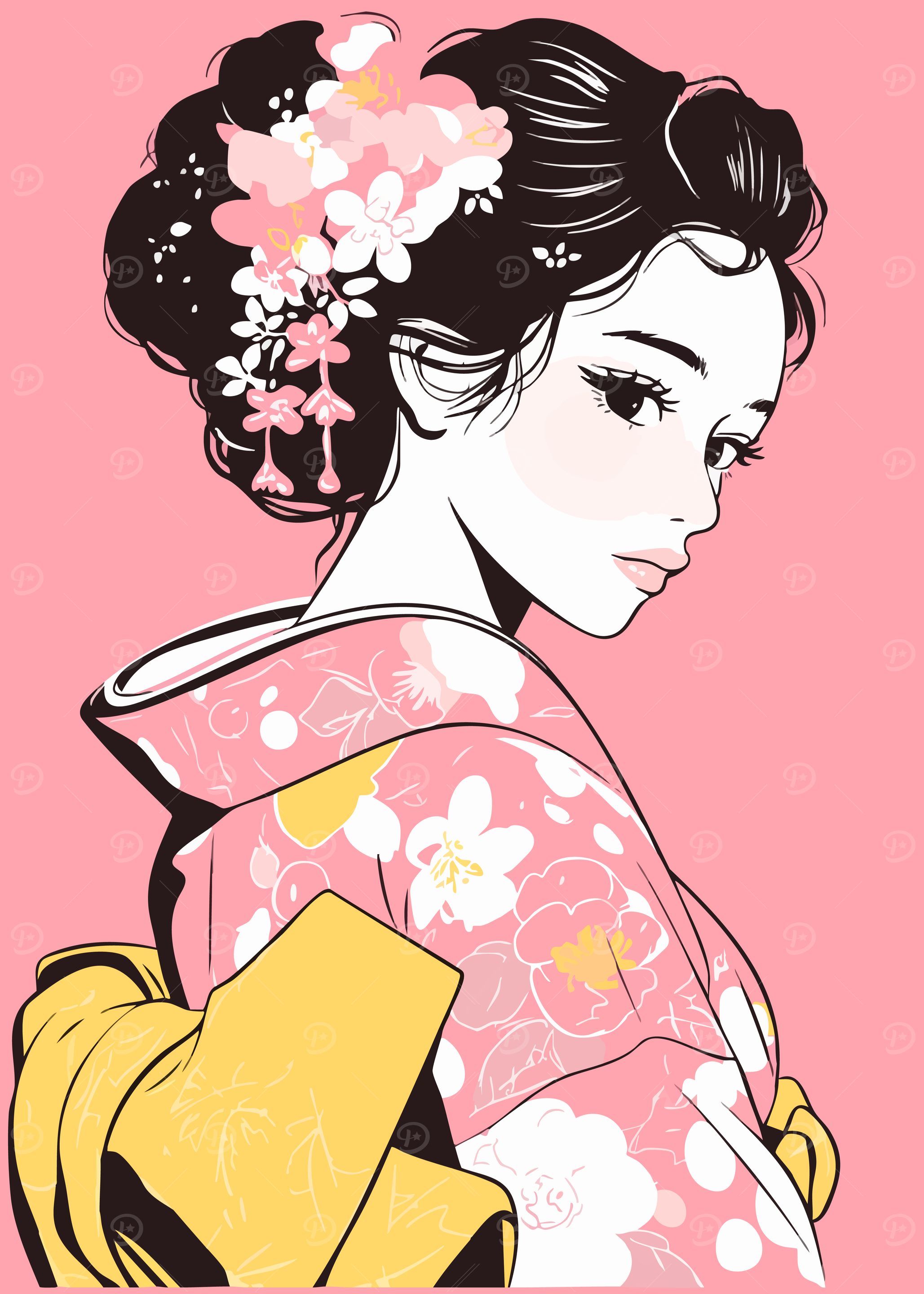 Kimono Woman in Pastel Pink Vintage Minimalist Illustration Art