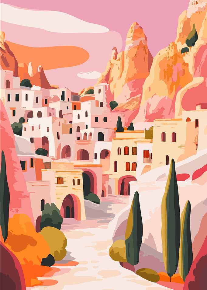 Turkish Village Landscape Minimalist Art Illustration
