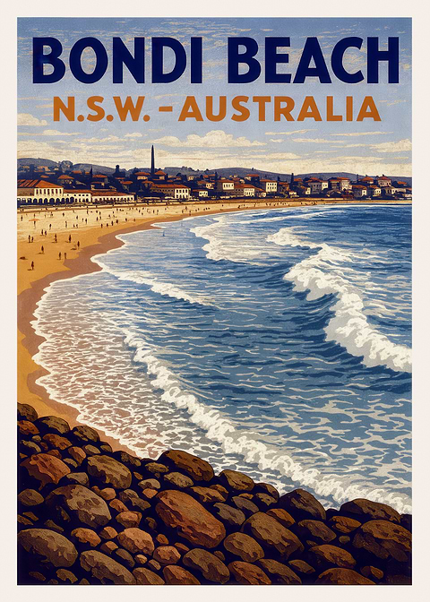 Bondi Beach Poster — retro travel art printed on metal