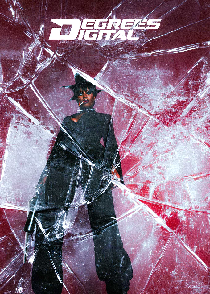 Woman in Black Behind Shattered Glass