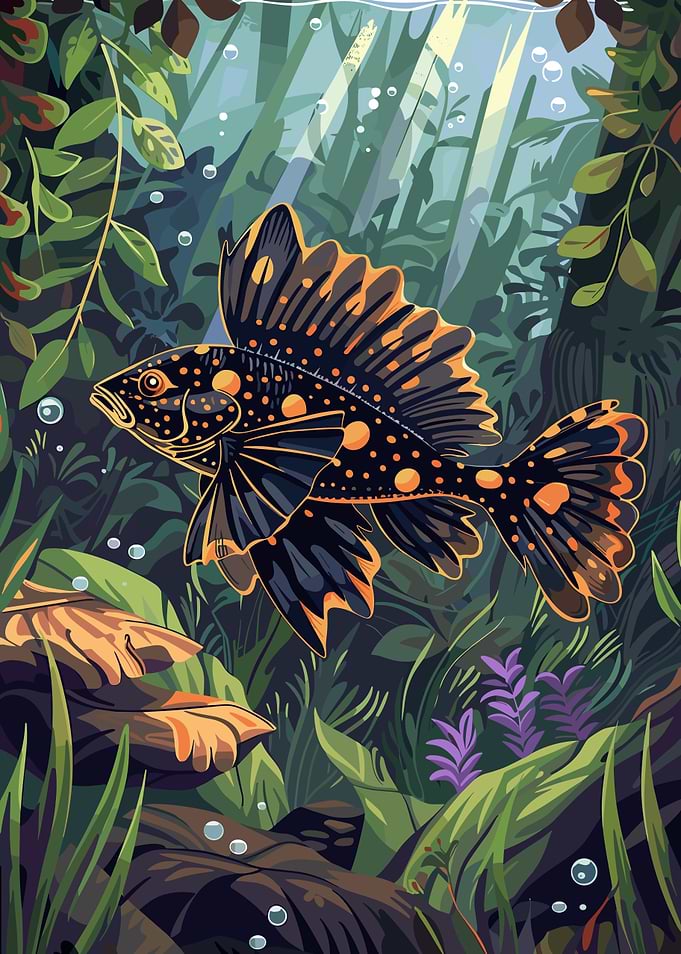 Black and Gold Fish in Lush Underwater Scene