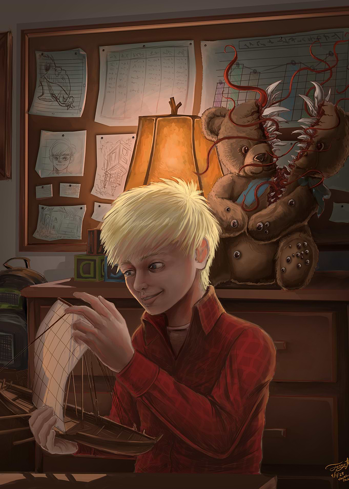Boy with Model Ship and Twisted Teddy