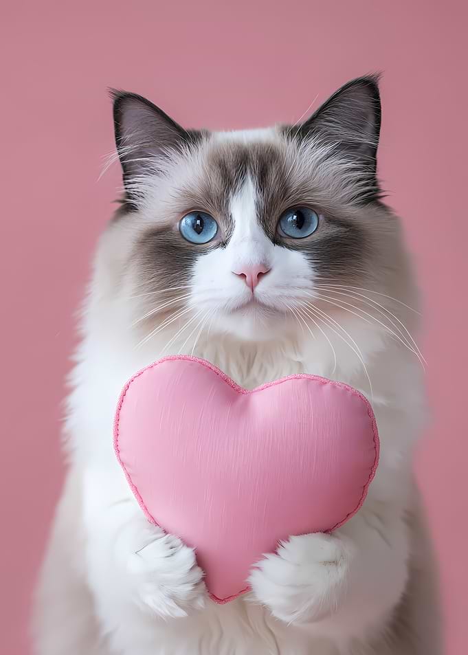 Cute White Cat Holding Heart