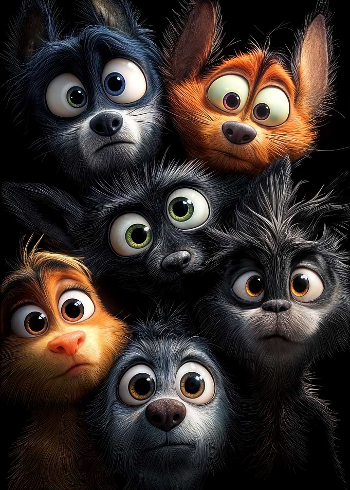 Group of cartoon dogs with surprised looks