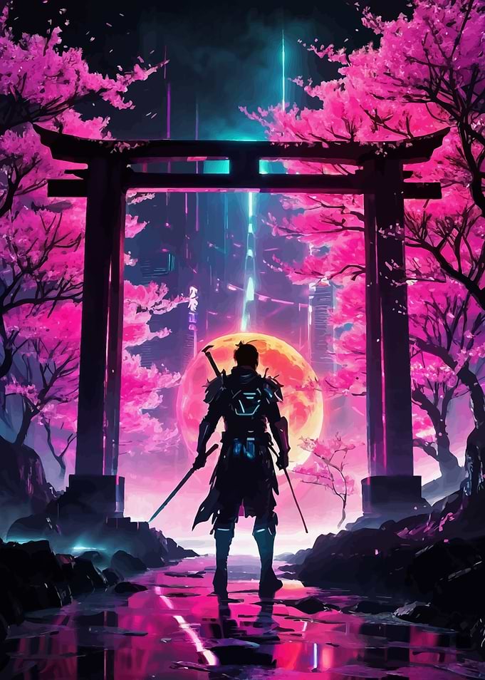 Male Futuristic Samurai with Torii Gate