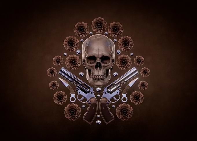 Skull with Guns and Roses