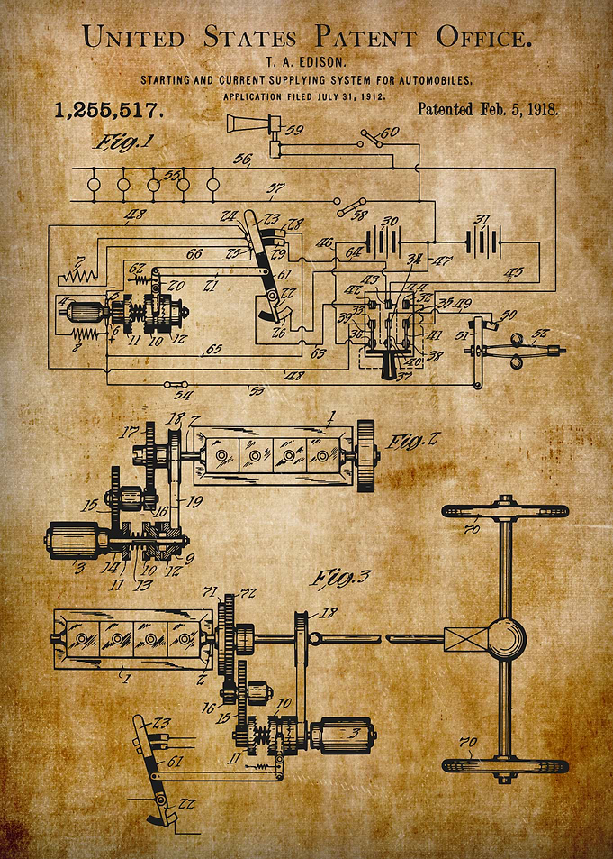 Thomas Edison Starting and current supplying system for automobiles 1905