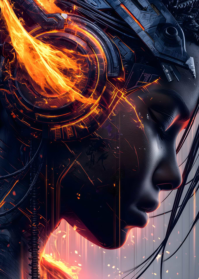 Cyberpunk Woman in Flames