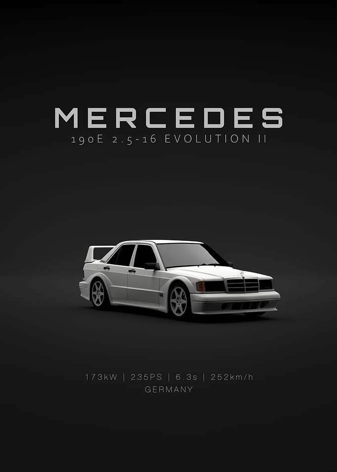 White Mercedes 190E EVO II - Front - Specs
