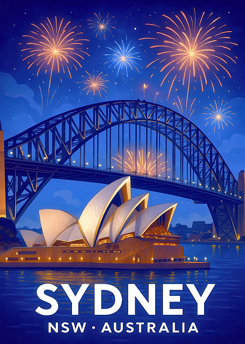 Sydney Harbour Bridge & Opera House — vintage travel poster on metal