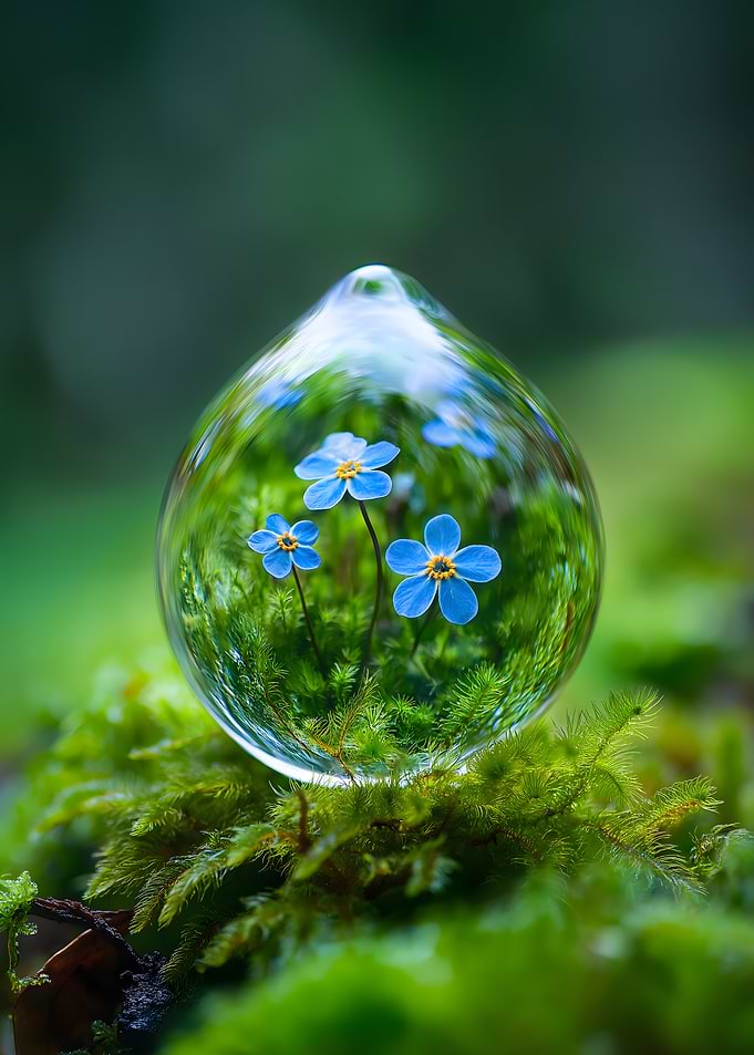 Blue Flowers in a Water Drop