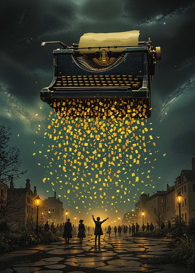 Vintage Typewriter Raining Paper Cobblestone Street