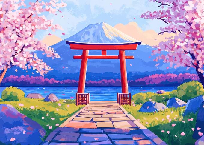 Japan mount fuji sakura cherry blossom with Torii Gate
