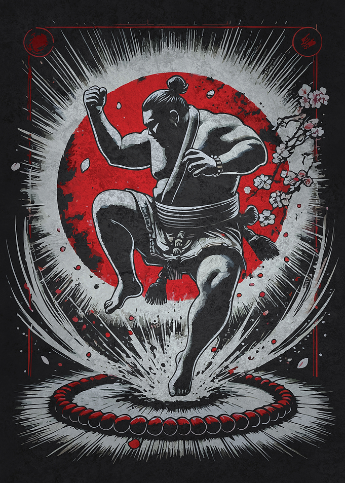 Sumo Wrestler, Red Circle Ritual, Neo Japanese Art
