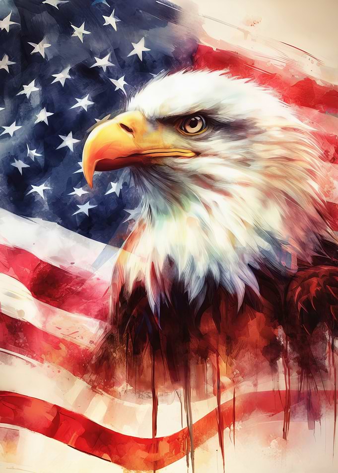 Majestic Bald Eagle and United States of America flag in watercolor. American Patriotic art.